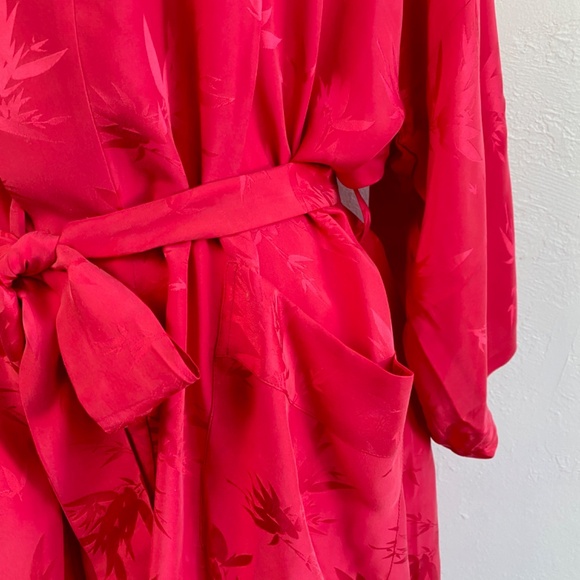 Hot Pink Chinese Peignoir Kimono Short Robe Large Bamboo Leaves Tie Belt Pockets - Picture 4 of 16